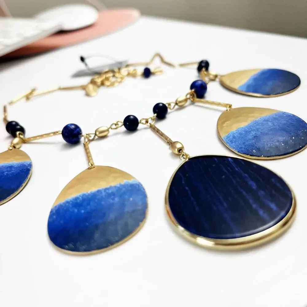 NEW Chico's Goldtone & Blue Teardrop Statement Necklace